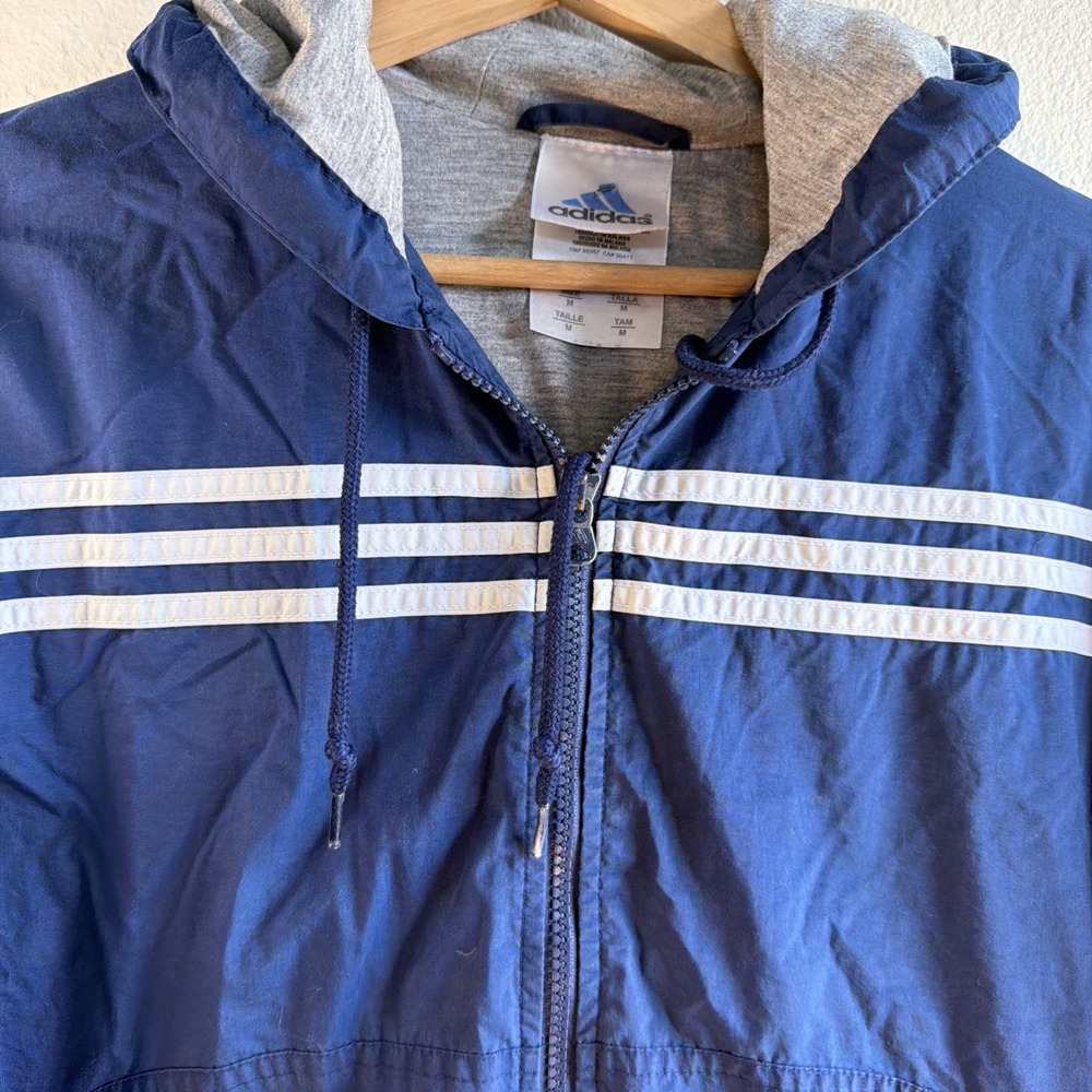 Vintage 90s Adidas Men's Medium Blue White Three Stripe Hooded Windbreaker